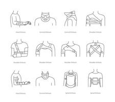 Orthoses of the head, neck and shoulder, a set of vector icons in lines
