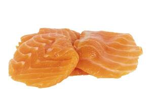 Salmon slices isolated on white background with clipping path, red fish slices, ingredient for sushi or salad, macro photo