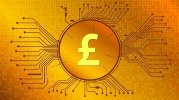 Pound Sterling GBP coin symbol in circle with PCB tracks on gold background. English currency icon. Vector EPS10.