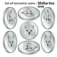 Set of coins Shiba Inu SHIB in isometric view in black and white isolated on white. Vector illustration.