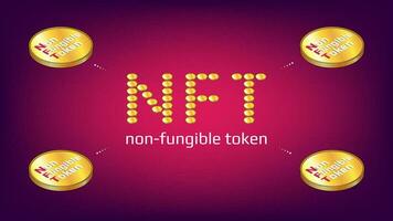 Non fungible tokens infographics NFT word from golden coins with isometric coins around on red background. Pay for unique collectibles in games or art. Vector illustration.