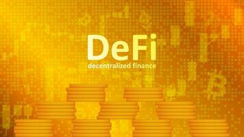 Defi decentralized finance with pyramid of coins on golden background with graphs. An ecosystem of financial applications and services based on public blockchains. Vector EPS 10.