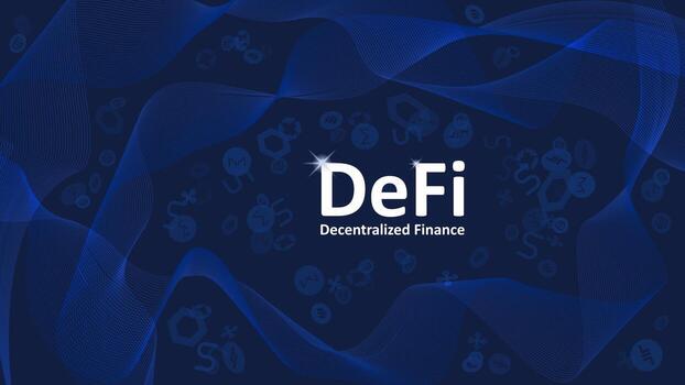 Text DeFi decentralized finance on dark blue background with abstract waves and coin symbols. An ecosystem of financial applications and services based on public blockchains. Vector EPS 10.