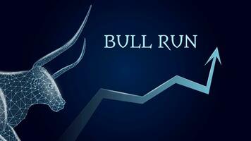 Bull run with a polygonal bull head and an upward arrow on dark blue background. Bullish trend on the stock exchange. Vector illustration.