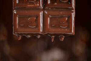 Melted chocolate drips down on a brown background. photo