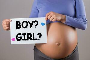 Image of close up stomach of pregnant woman holding paper with questions boy or a girl on gray background. photo