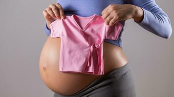 Image of stomach of pregnant woman with a pink  t-shirt for baby girl on gray background. photo