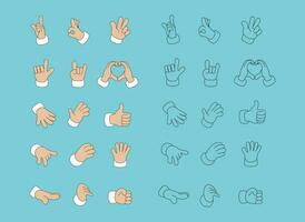 Cartoon hands depicting various gestures in color and black outline. Playful and expressive hand gestures isolated. Colorful groovy hands showcasing a range of gestures for expressing emotions. vector