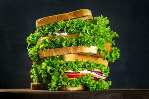 set of sandwiches with fresh salmon, ham, vegetables, salad. Home-made sandwiches. Healthy fast food. Dark background. photo