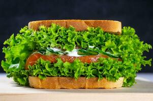 Sandwich with fresh salmon, red onion and lettuce in a flavorful pita, on a dark background. Home cooking. Healthy fast food. photo