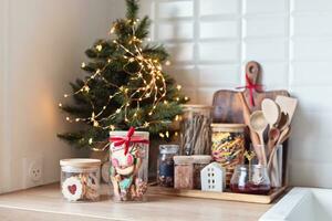 Christmas interior stock photos. Explore warm and inviting holiday themed home settings, adorned with twinkling lights, stockings, and beautifully decorated Christmas trees. photo