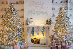 Christmas interior stock photos. Explore warm and inviting holiday themed home settings, adorned with twinkling lights, stockings, and beautifully decorated Christmas trees. photo