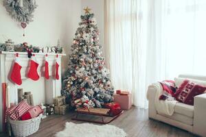 Christmas interior stock photos. Explore warm and inviting holiday themed home settings, adorned with twinkling lights, stockings, and beautifully decorated Christmas trees. photo