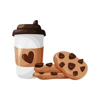 Cup of coffee with lid and oatmeal cookies with chocolate. Cartoon vector illustration. Snack, delicious cozy food and drinks.