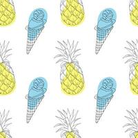 Ice cream and pineapples pattern with contour hand drawings on white background with blue and yellow spots. Summer seamless pattern. vector