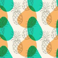 Pattern with pineapples contour hand drawing on background of colored spots. Summer seamless pattern. vector