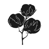Cotton branch with cotton bolls, hand drawn black silhouette of plant flower. Isolated, white background. vector