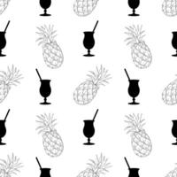 Pattern with cocktail and contour hand drawn pineapple, black color on white background. Monochrome summer pattern. vector