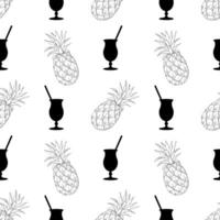 Pattern with cocktail and contour hand drawn pineapple, black color on white background. Monochrome summer pattern. vector