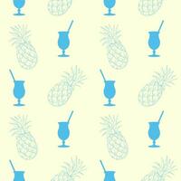 Pattern with blue cocktail and contour hand drawn pineapple, pastel yellow background. vector