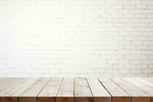 AI generated Empty wooden table top with white brick background photo