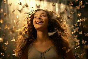 AI generated Happy girl with lots of butterfly surround. photo