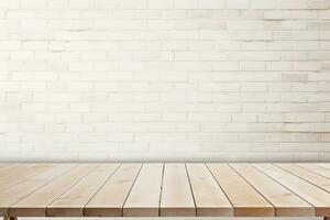 AI generated Empty wooden table top with white brick background photo
