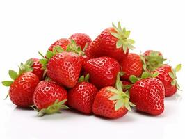 AI generated Strawberry isolated. Strawberries with leaf isolate. Whole and half of strawberry on white. Strawberries isolate. Side view strawberries set. photo
