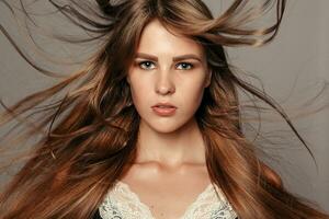 Model blonde girl. Beautiful brown hair Girl. photo