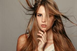 Model blonde girl. Beautiful brown hair Girl. photo