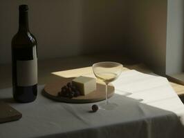 AI generated Wine glass and cheese with fruit in light and shadow mood tone photo