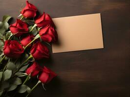 AI generated Top view of red rose flowers for valentines day with blank card photo