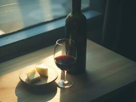ai generado vino vaso y queso con Fruta en ligero y sombra estado animico tono foto