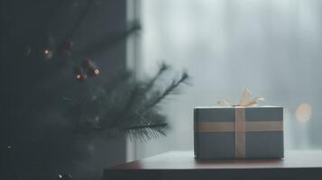 AI generated Close up of gift box and christmas tree celebrate in the house photo