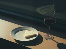 AI generated Wine glass and cheese with fruit in light and shadow mood tone photo