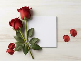 ai generado parte superior ver de rojo Rosa flores para san valentin día con blanco tarjeta foto