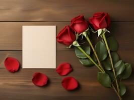 AI generated Top view of red rose flowers for valentines day with blank card photo