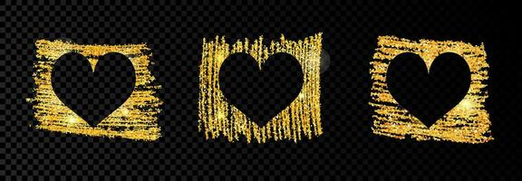 Set of three hearts on golden glittering scribble paint on dark background. Background with gold sparkles and glitter effect. Empty space for your text. Vector illustration