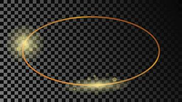 Gold glowing oval shape frame isolated on dark background. Shiny frame with glowing effects. Vector illustration.