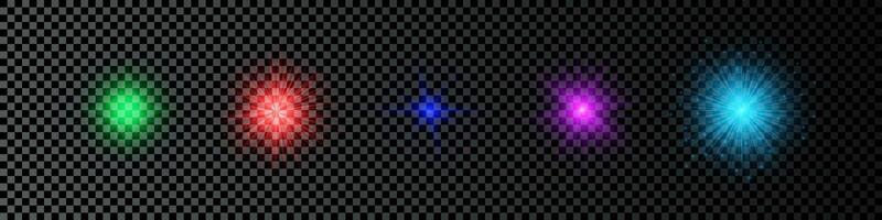 ligero efecto de lente bengalas conjunto de cinco multicolor brillante luces Starburst efectos con destellos en un oscuro antecedentes. vector ilustración
