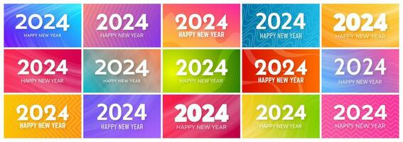 2024 Happy New Year backgrounds.  Big set of modern greeting banner templates with white 2024 New Year numbers on colorful abstract backgrounds with lines. Vector illustration