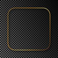 Gold glowing rounded square frame with shadow isolated on dark background. Shiny frame with glowing effects. Vector illustration.