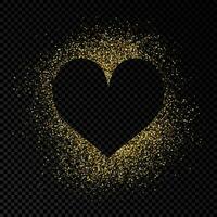 Heart shape frame with golden glitter on dark background. Greeting card with empty dark background. Vector illustration.