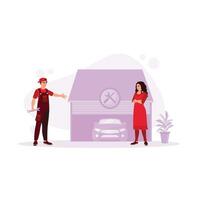 A woman checks a car at a repair shop. An auto mechanic checks and repairs a vehicle in a workshop. Various occupations people concept. Trend Modern vector flat illustration
