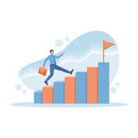 A businessman carrying a briefcase walks upstairs chart. A flag is at the top of the graph. Career Development Concept. Trend Modern vector flat illustration