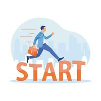 Businessman walks on the word START. Starting a new business idea towards success. Career Development Concept. Trend Modern vector flat illustration