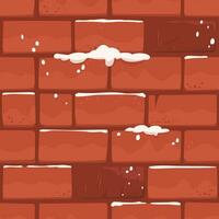 Snow Covered Unfinished Brick Wall, Christmas Background. Cartoon Orange Building Blocks Vector Texture, UI Game Asset, Print.