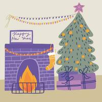 Fireplace and Christmas tree, christmas new year room illustration vector