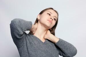 Throat Pain. Closeup Of Sick Woman With Sore Throat Feeling Bad photo