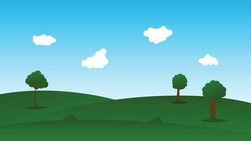 landscape cartoon scene with green field and white cloud in summer blue sky background vector